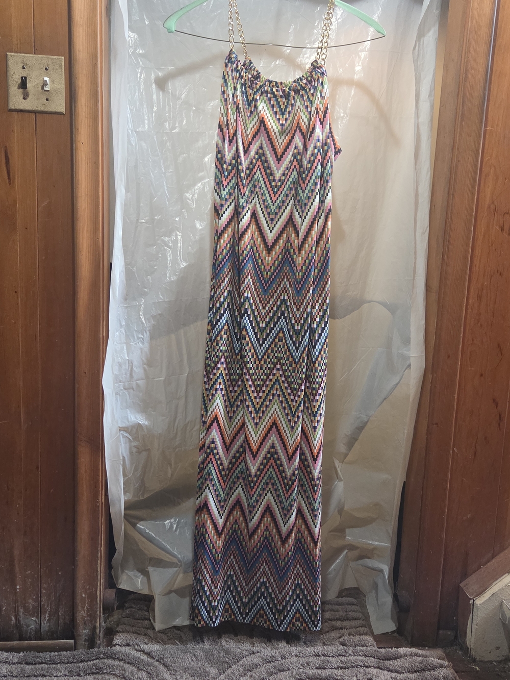 Avenue Multicolor Chevron Maxi Dress with Gold Chain Straps